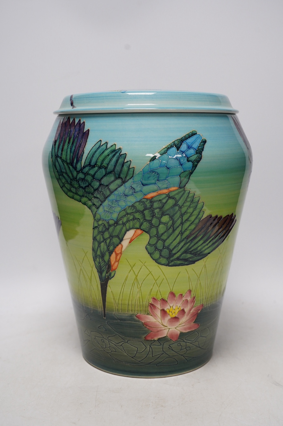 Sally Tuffin (British, b.1938) for the Dennis China Works, a limited edition 'Kingfisher' vase and cover, painted by Heidi Warr, No. 10/50, dated 2002, 29cm. Condition - good, crazing visible